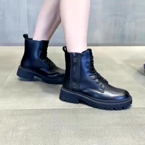 Womens Black Leather Boots High Top Shoes Fashion Casual Motorcycle Boots