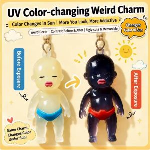 10Pcs New Natasha UV Sensing Color Changing Keychain Cute Ugly Black Doll Mini Pendant Stress Relief Funny Novelty Gift