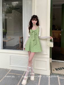 Green Floral Print Bow Strap Dress