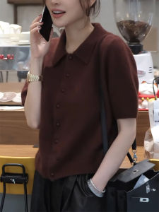 QINGNAER | Oversized Retro Style Soft Polo Collar Short Sleeve Knit Cardigan
