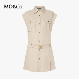 MO&Co. | Spring & Autumn Cotton Workwear Pockets Wide Shoulder Flared Sleeve Low Waist Belted Dress