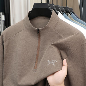 Luxury Quality Mens Long Sleeved T-shirt Simple Solid Color Half Zipper Autumn Letter Print Half High Neck Versatile Mens Wear