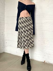 ตู้เสื้อผ้าของ Bella Guizio American College Retro English Diagonal ลายสก็อต Midi Low เอว กระโปรงพลีท Vintage ลายสก็อต Mini กระโปรง