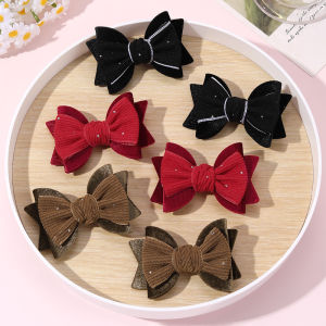 2Pcs Ribbed Velvet Bow Hair Clips Sparkling Rhinestone Hairpins Knot Bownot Barrette For Girls Kids Headdress Hair Accessories