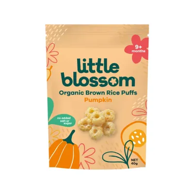 Little blossom organic brown rice cereal pumpkin baby bites baby nibbles flower petal biscuit melt in your mouth baby teething biscuit snacks