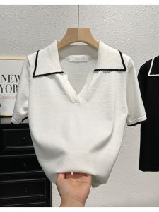 Slimming Loose Knitted Short Sleeve T-Shirt Womens Summer Thin Age-Defying Belly Covering Top Korean Style Commute Wind