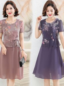 Elegant Chiffon Short Sleeve Dress for Summer Middle-aged Women Tummy Control