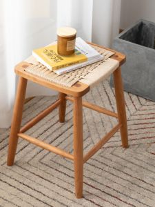 Nordic Style Solid Wood Stool Square Stool Cherry Wood Dining Stool Rope Woven Walnut Wood Low Stool Makeup Stool Shoe Changing Stool Wicker Weaving Board Stool