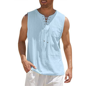 Mens Solid Color Vest Shirt Cotton Linen Short Sleeve Tie Waist Pure Color T-Shirt Casual Loose Fit Summer Modern Style