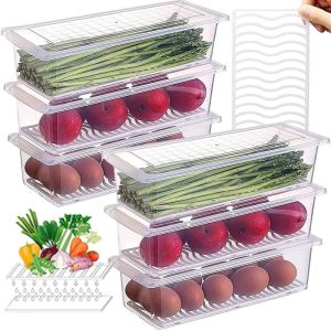 12pcs Refrigerator Food Storage Container with Removable Drain Tray / Stackable Portable Freezer Storage Box / Transparent Rectangular Fresh-keeping Box for Kitchen
