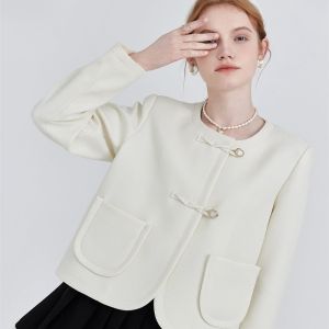 Spring 2023 Womens Short Coat Jacket Elegant Design Sensation French Style Commute Slim Fit Long Sleeve round Neck Button Pure Color