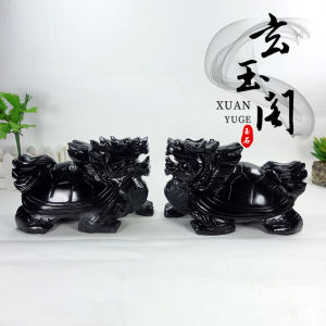 Natural Black Obsidian Dragon Turtle Decorative Figurines Pair Black Ink Jade Dragon Head Turtle Living Room Entrance Home Decor Crafts