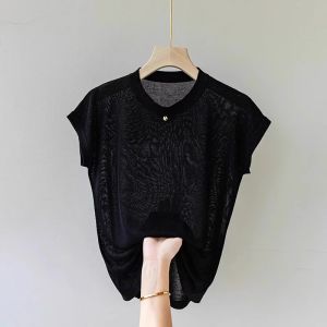 Summer Thin Ice Silk Knitted Short Sleeve T-Shirt Womens Loose Fit round Neck Top Korean Style Casual Wear Regular Length