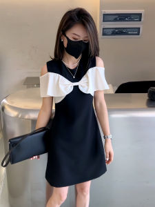 Hebe Style Little Black Dress with Butterfly Knot Shoulder Bared Summer Womens round Neck Short Sleeve Slimming Midi Dress