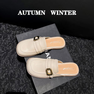 French Style Half Slippers Women Summer Outdoor Wear Flat Bottom No Heel Small Leather Shoes Black Lazy Mules Slip-On Shoes