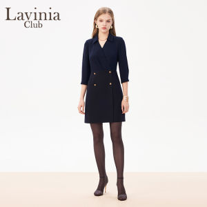 Elegant A-Line Dress Lavinia Spring Autumn Professional Suit Women Commute High Waist Polyester Fiber Button Detail V-Neck