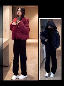 เสื้อแจ็คเก็ตผ้าฝ้ายสีแดงทรงหลวมสไตล์เกาหลีสำหรับผู้หญิงในฤดูหนาวปี 2023 เสื้อคลุมกันหนาวแบบมีฮู้ดแฟชั่น ชุดสองชิ้น