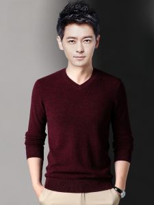 ROMON | Red Pure Wool V-neck Knitted Sweater For Men Winter Fashion City Style Long Sleeve Thickened Casual Loose Fit New Year Celebration