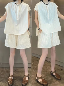 Shalldoer | Loose Casual Womens Set Summer Stripe Short Sleeve Shirt Elastic Waist Shorts Two Piece Set Simple Style Korean Version