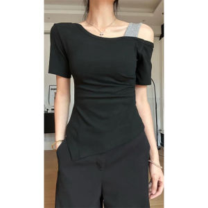 YUEZHONGWEI | Color Block Asymmetrical Shoulder Short Sleeve T-Shirt Women Summer Design Slim Fit Short Length Top Commute Style Universal Fit
