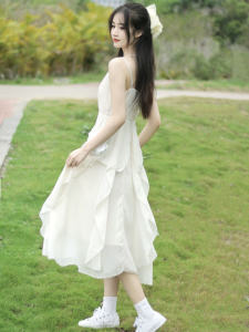 French Style Initial Fairy Lace Trim Halter Dress Women Summer New Super Fairy Beach Vacation Long Skirt Korean Style High Waist Zipper Backless