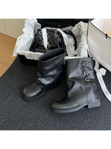 Retro Western Martin Boots หนาด้านล่างรองเท้าคาวบอยโลหะหัวเข็มขัดขากว้างรองเท้าสแควร์รองเท้าสั้นสําหรับบุรุษและสตรี