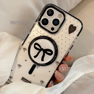 Potdemiel | Ốp Điện Thoại iPhone 17/16/15/14/13 Pro Max Trong Suốt Chống Sốc Có Chân Đế Họa Tiết Chấm Bi Đen Hàn Quốc Kèm Nơ Nam Châm