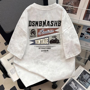 Loose Fit Mens Short Sleeve T-Shirt Casual American Style Half Sleeve Heavy Duty Tie Dye Lettering Summer Breathable Cotton