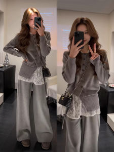 XUECAIQI | Lace Trimmed Knitted Cardigan with Leisure Pants Set for Women