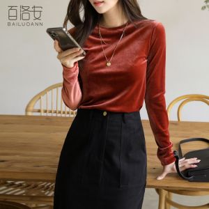 BAILUOANN | Bailuan Round Neck Long Sleeve Womens T-Shirt Velvet Base Shirt Elegant Style Spring Autumn New Arrival Versatile Commute Fashion