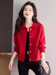 Red Woolen Coat Short Style for Women Spring Autumn Fashionable Versatile Small Size 2024 New Arrival Single-Faced Wool Top