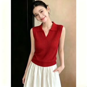 V.C.I | Red Sleeveless Polo Neck Slimming Tank Top
