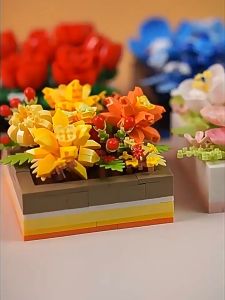 Building Block Toys Flower Building Blocks Sunflowers Roses Carnations Hibiscus Potted Plant Ornaments with Dust Cover
