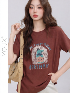 YOUXIANG | Áo Thun In Hình Vintage Phong Cách Đa Dụng Ôm Sát