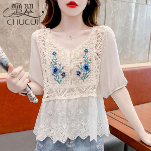 Bohemian Style Womens Short Sleeve Shirts Hollow out Design Summer Fashionable Chiffon Top V-Neck Loose Fit Bubble Sleeve