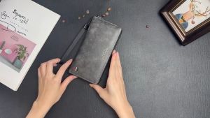 1pc Solid Color PU Leather Large Capacity Zipper Wallet Handheld Bag Mobile Phone Bag For Men