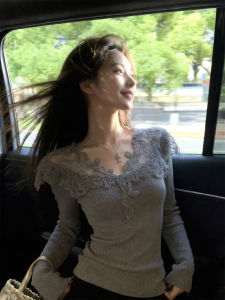 French Grey Lace V-Neck Chic Shirt