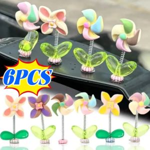 6Pcs/Set Car Rotatable Windmill Ornament Dashboard Center Console Creative Spring Shaking Head Flowers with Green Leaves Auto Interior Accessories