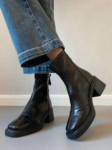 Genuine Leather Chelsea Boots Womens Autumn Winter Fashion Thin High Heel Short Boots British Style Martin Boots Thick Bottom