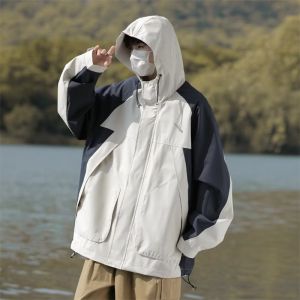 Retro Sport Workwear Jacket Mens Autumn Outdoor Functional Cool Loose Splice Color Block Hooded Windbreaker Coat