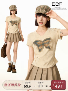 Áo Thun Nữ Cổ Chữ V Thắt Nơ Tay Ngắn Ôm Vừa Vặn Mùa Hè Không Đều Phong Cách Đường Phố Thường Ngày