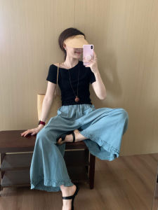 XUECAIQI | Dopamine Fashion Plus Size Petite Korean Style Off-Shoulder Short Sleeve T-Shirt Flared Pants Set