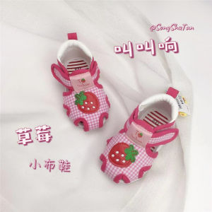 Adorable Strawberry Shoe Baby Head Wrap Sandals Canvas Slip-On Shoes Summer Learning to Walk Shoes Anti-Slip Soft Bottom