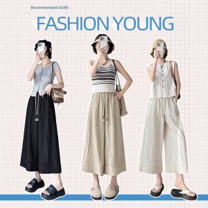 WANGGONGZHU | High Waist Linen Sakamoto Pants Women Summer Thin New Small Size Cool Wide Leg Casual Pants Fashionable Loose Fit Commute Style