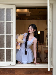 Blue Short Ballet Style Womens Dress Waist-Cinching Summer New Arrival 2025 One-Armed Aigua Sweet Cool Spicy Girl Dress