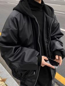 Mens Winter Thickened Leather Jacket High Street Vibe Cool Motorcycle Cotton Clothes Fashionable Urban Style Long Sleeve Hooded