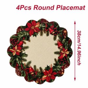 VIKAMA Christmas Cottage Tree Poinsettia Placemat Wavy Edge Snow House Ornament Star Berry Holiday Table Mat Decor Charming Soft