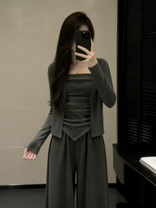 Ge·an·fei | Korean Style Autumn Gray Womens Long-sleeve Top and Wide-leg Pants 3-Piece Set