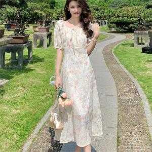 Impression Fashion Store Women Elegant Square Neck Short Puff Sleeve Floral High Waist Slim A-line Long Dress