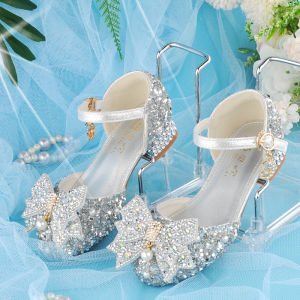 Princess Style Crystal High Heels Childrens Shoes for Girls Fashionable Soft Leather PU Upgraded Version Summer Season